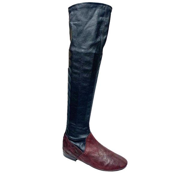 KUDETA Merlot and Black‎ Leather Rear Zip Stretch Tall Boots - Picture 2 of 12